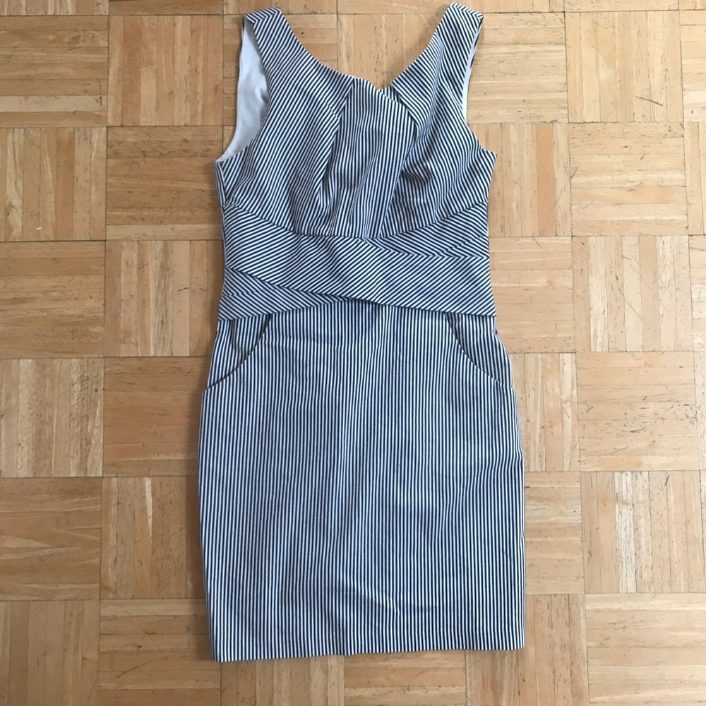 Macy’s Grey striped mini dress.